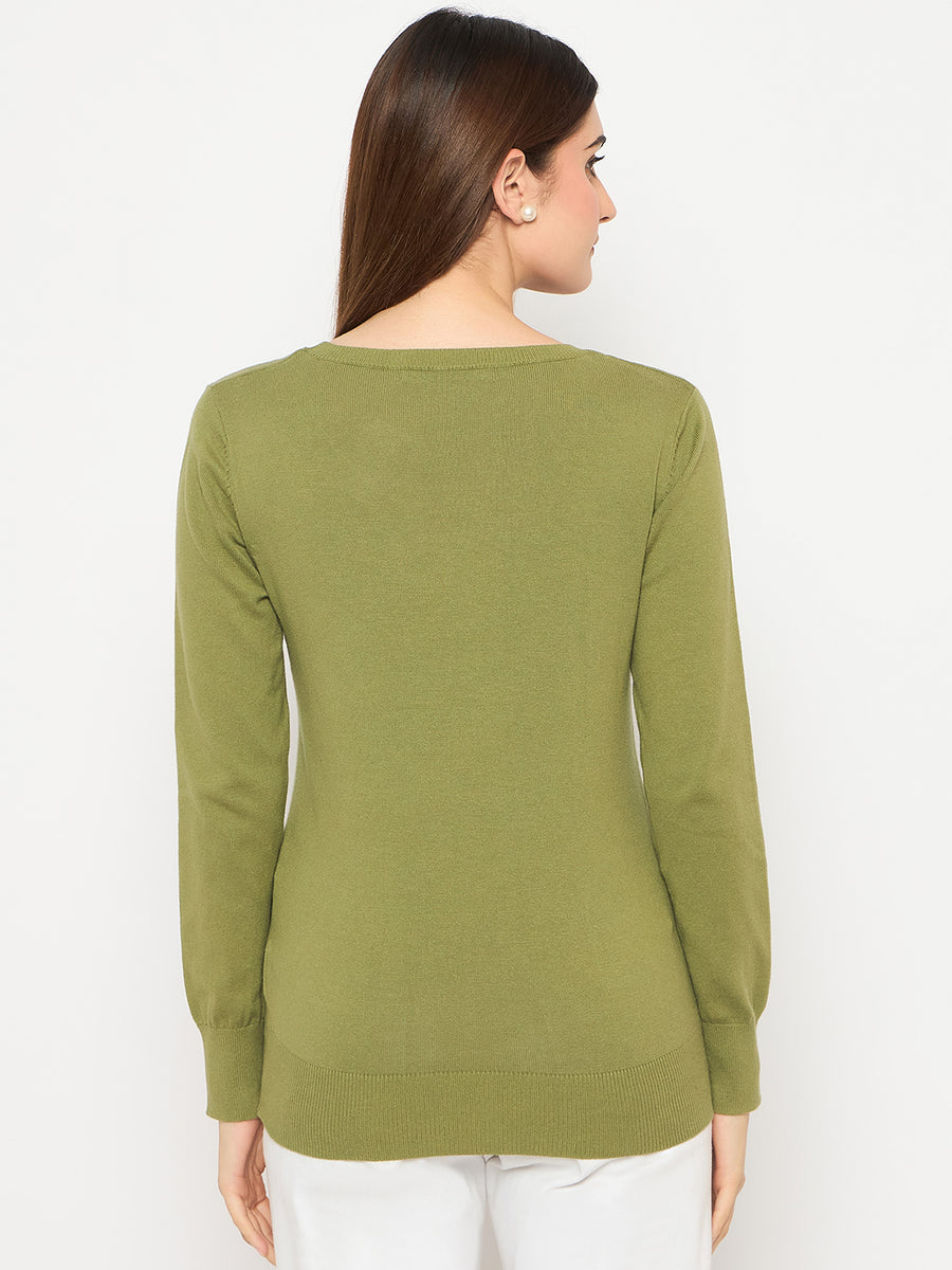 Madame Round Neck Ribbed Cuff Olive Sweater