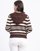 Madame Viscose Blend Zipped Chocolate Brown Striped Knitted Top