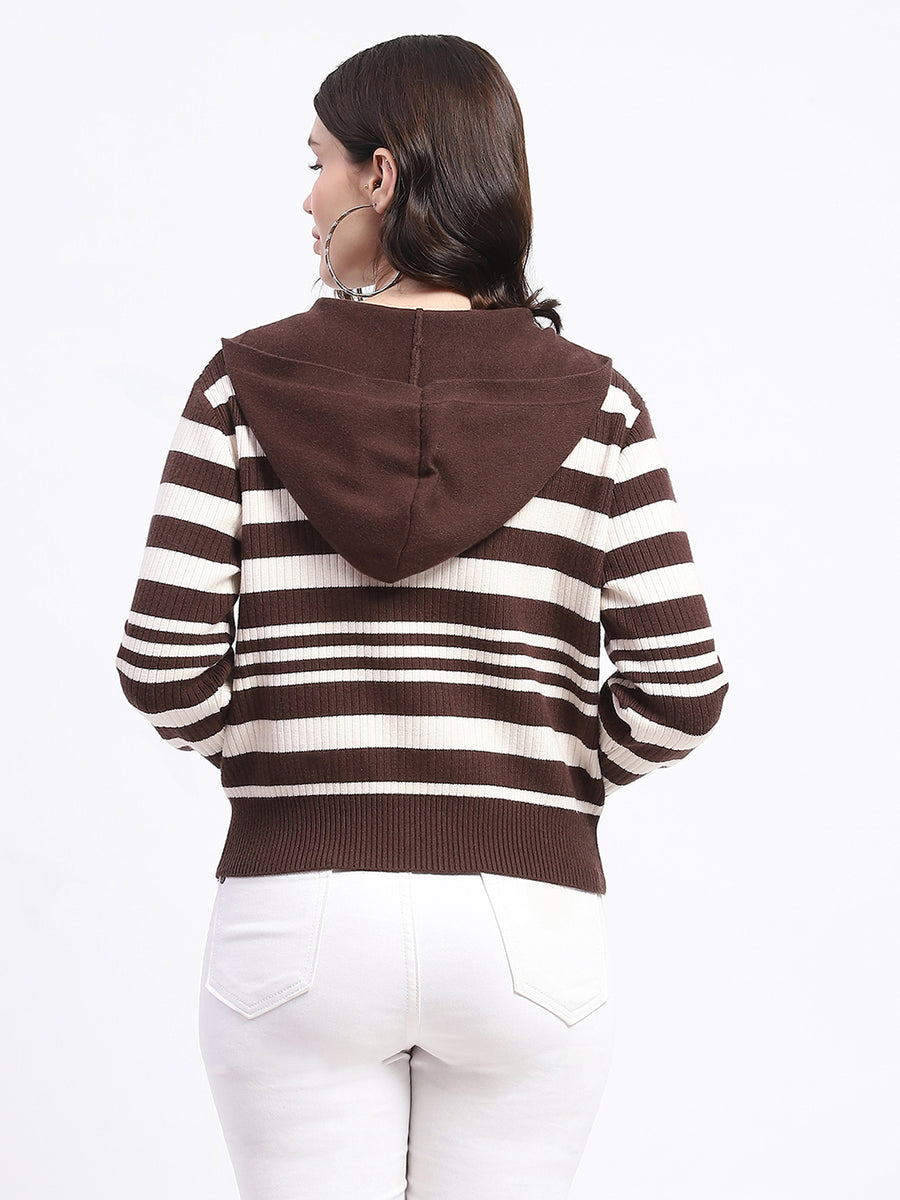 Madame Viscose Blend Zipped Chocolate Brown Striped Knitted Top