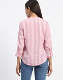 Madame Striped Mandarin Collar Pink Button Down Shirt