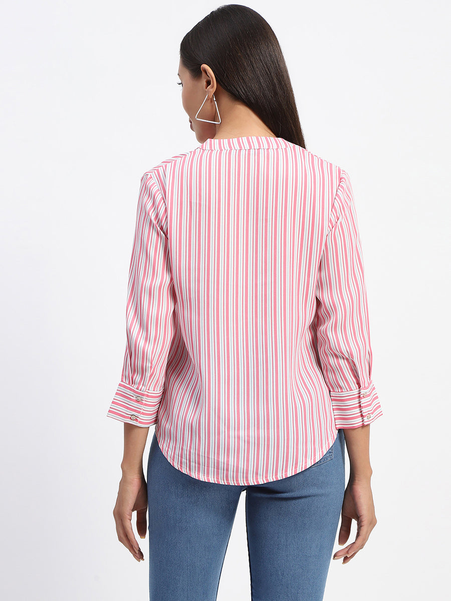 Madame Striped Mandarin Collar Pink Button Down Shirt