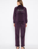 mSECRET Velour Branding Zipped Deep Wine Top and Bottom Night Suit