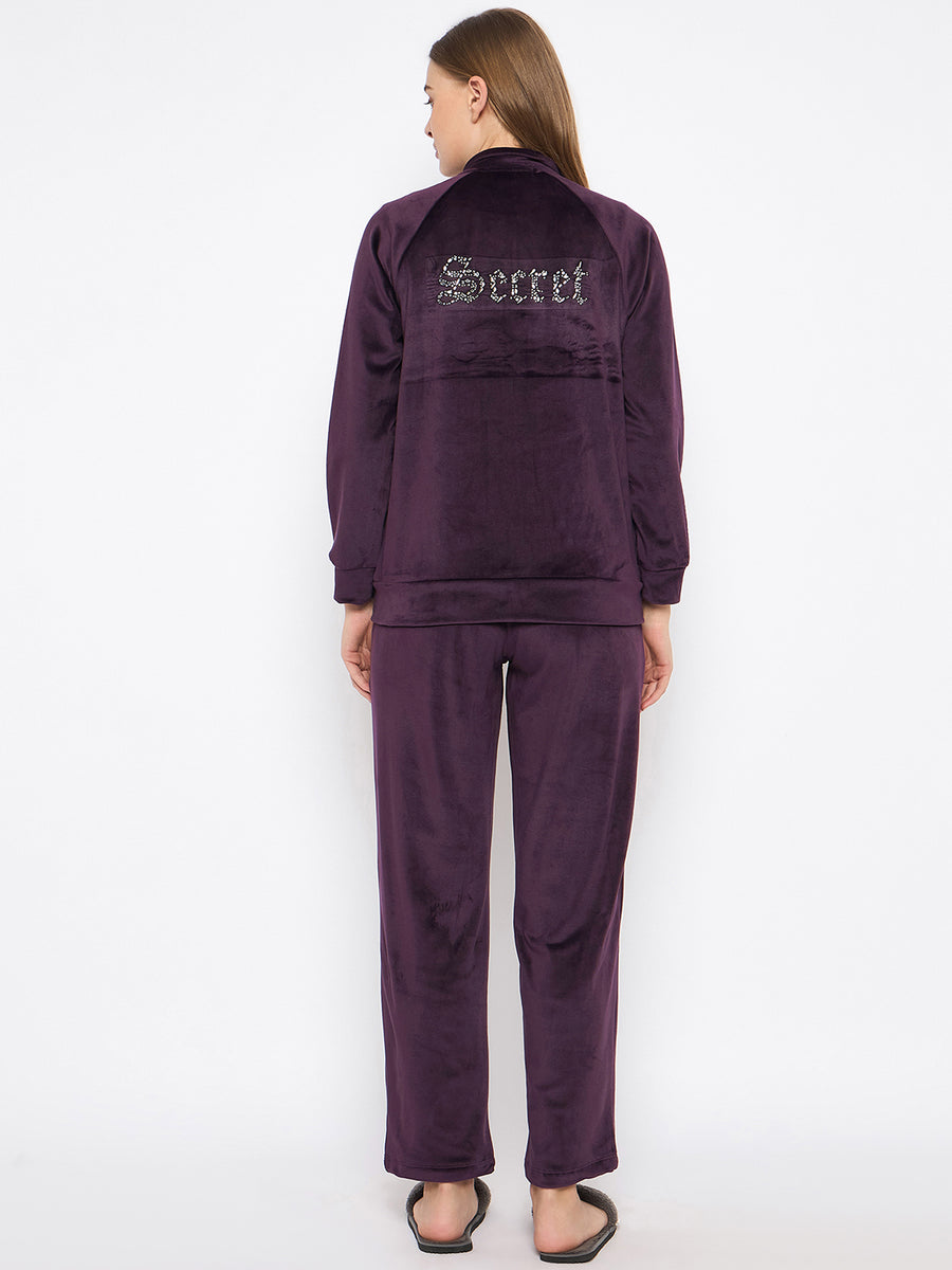 mSECRET Velour Branding Zipped Deep Wine Top and Bottom Night Suit