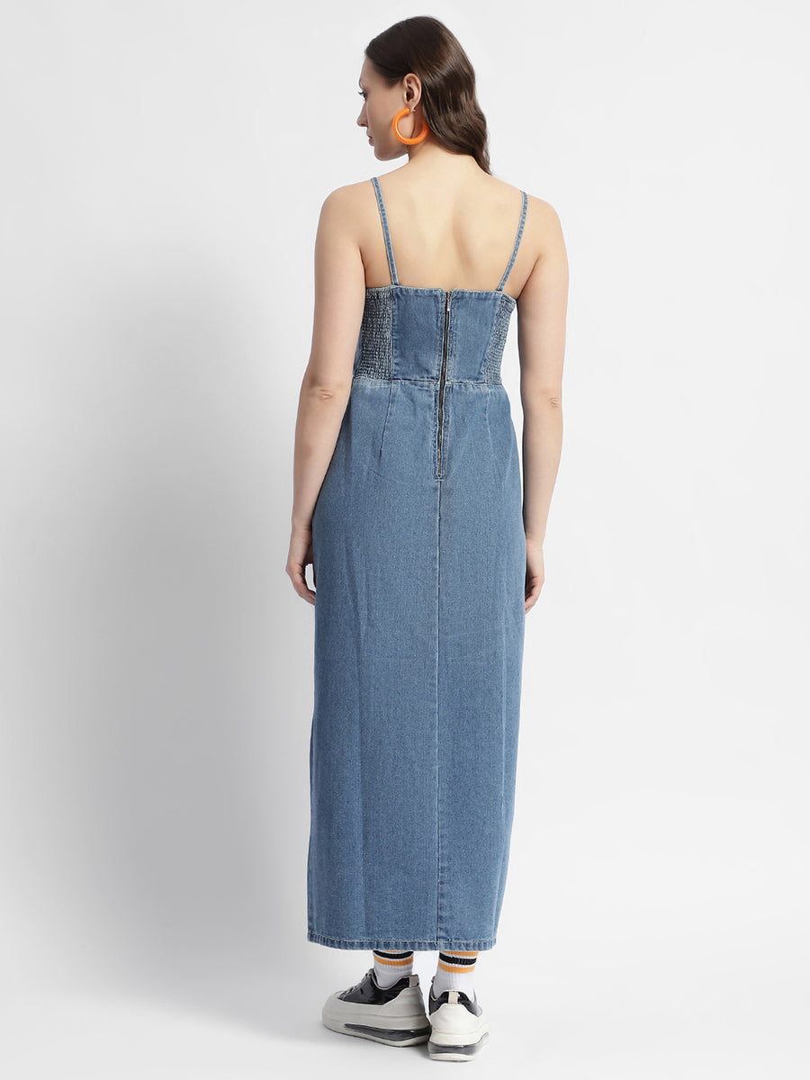 Madame Front Slit Long Denim Dress