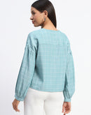 Madame Tie Neck Puff Sleeve Chequered  Aqua Blue Top