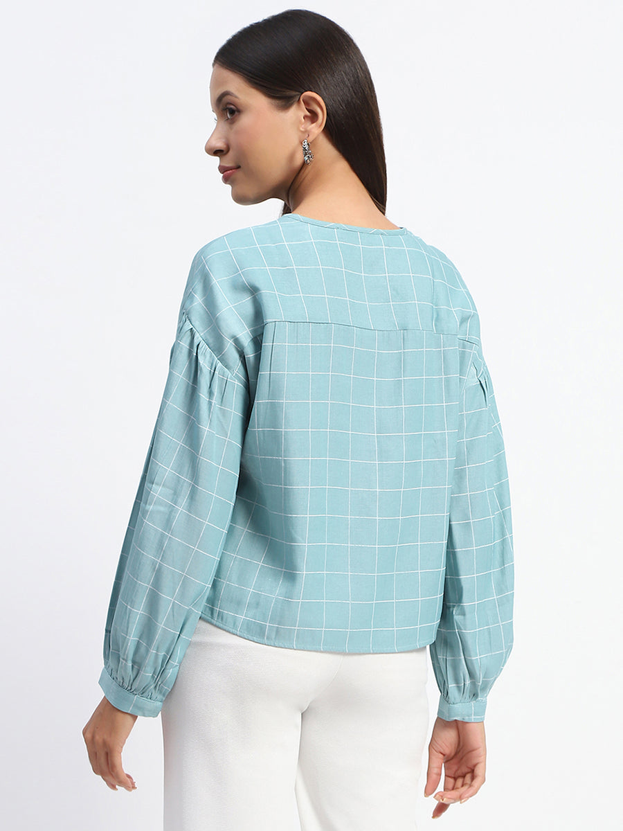 Madame Tie Neck Puff Sleeve Chequered  Aqua Blue Top