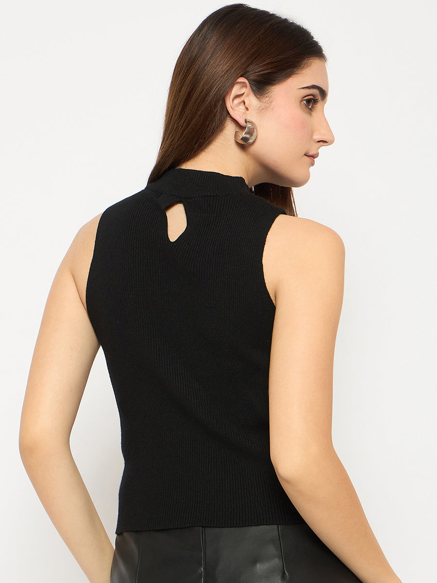 Madame Cutout Sleeveless Mock Neck Black Sweater