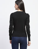 Madame Adorned Sleeves Solid Black Knitted Top