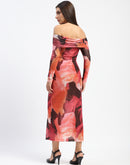 Madame Shanaya Kapoor Abstract Print Off Shoulder Semi Sheer Orange Maxi Dress