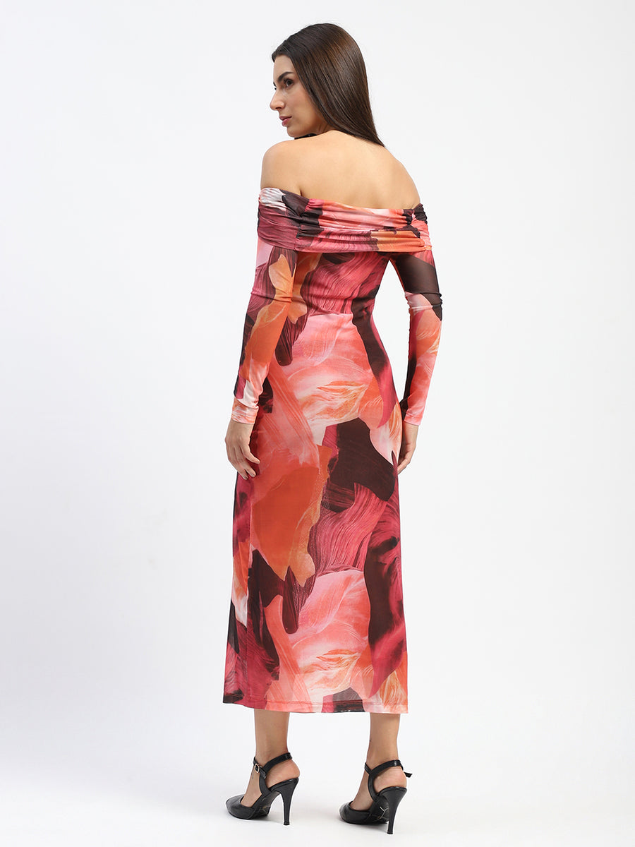 Madame Shanaya Kapoor Abstract Print Off Shoulder Semi Sheer Orange Maxi Dress