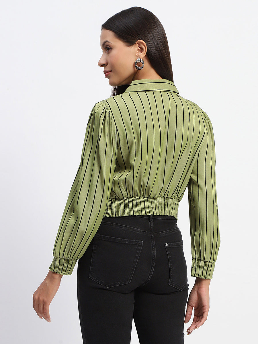 Madame Self Belted Waist Striped Green Shirt