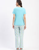 mSECRET Blue Cotton T-Shirt and Floral Print Pyjama Night suit Set