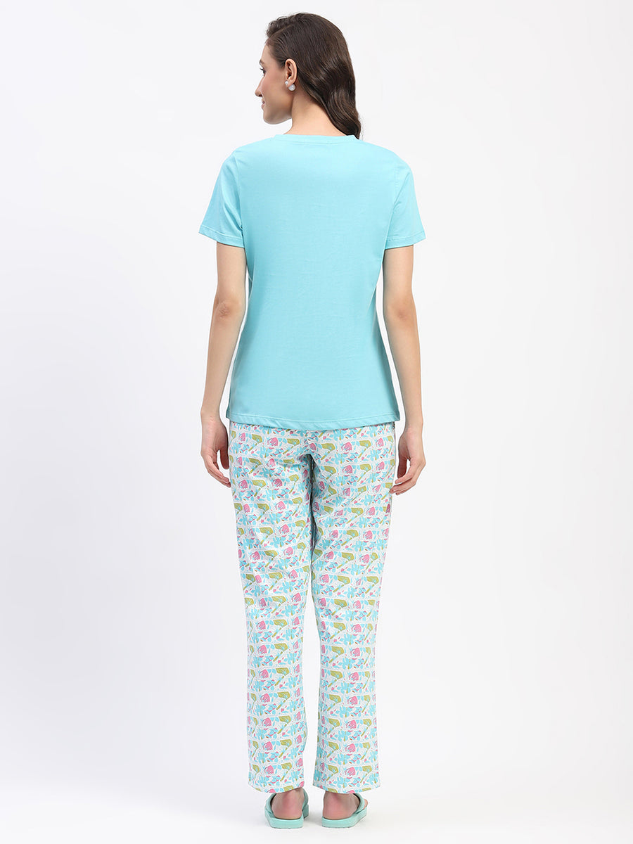 mSECRET Blue Cotton T-Shirt and Floral Print Pyjama Night suit Set