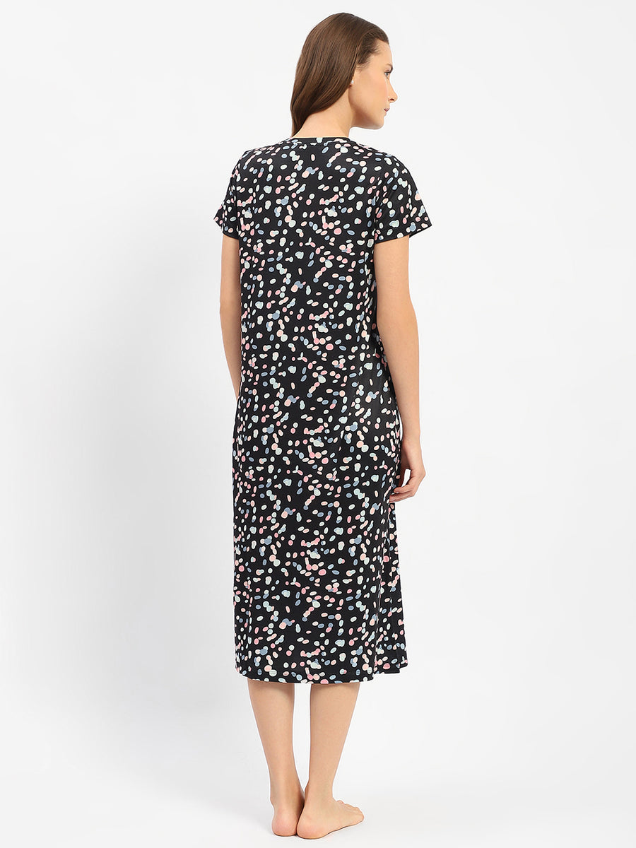 mSECRET Floral Print Round Neck Black Night Dress