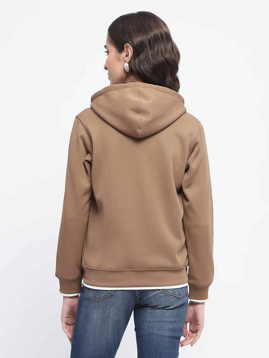 Madame Bonded Fleece Placement Print Brown Zipped Sweatshirt