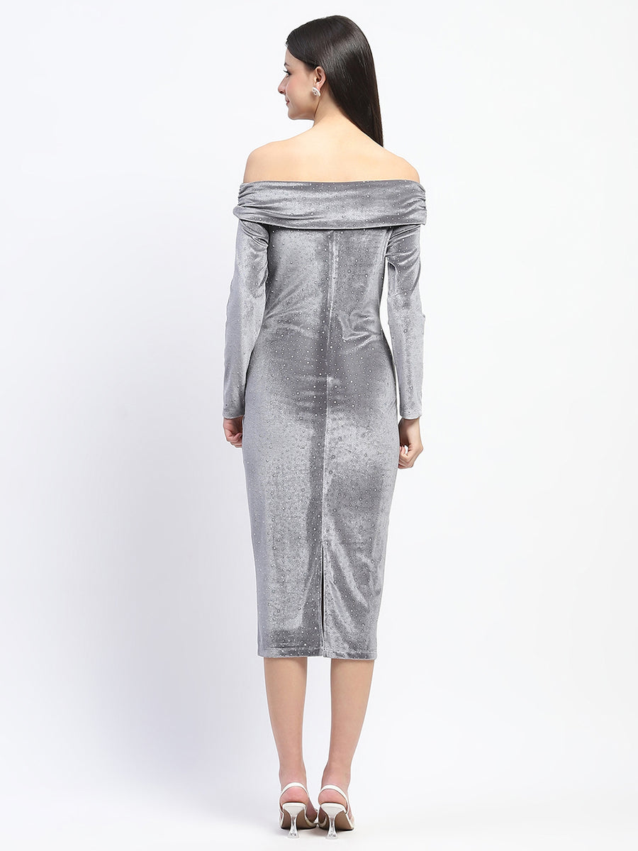 Madame Off-shoulder embellished Grey Velvet Dress