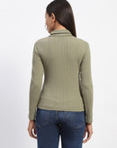 Madame Chest Cutout Green Ribbed Hi Neck Top