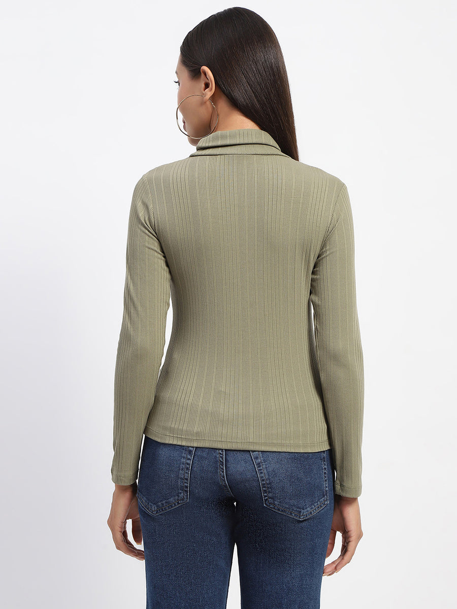 Madame Chest Cutout Green Ribbed Hi Neck Top