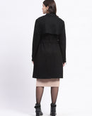 Madame Metal Zip Raw Edge Detailed Solid Black Trench Coat