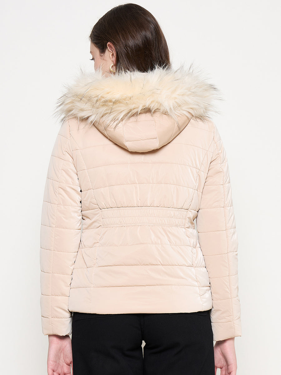 Madame Nylon Detachable Hood Quilted Brown Short Jacket