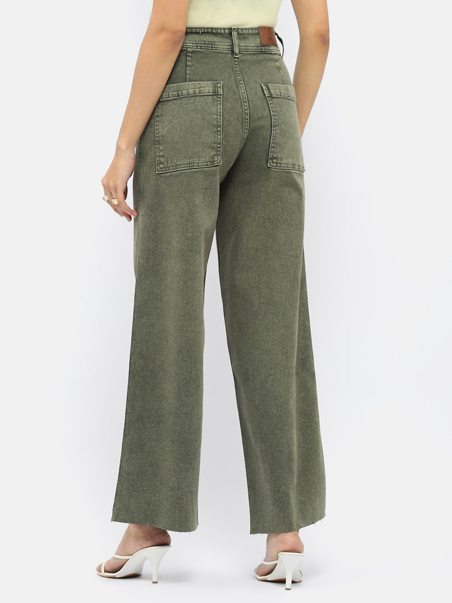 Madame Solid Olive Wide Leg Jeans