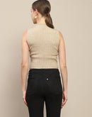 Madame Ribbed Mock Neck Camel Brown Sleeveless Sweater