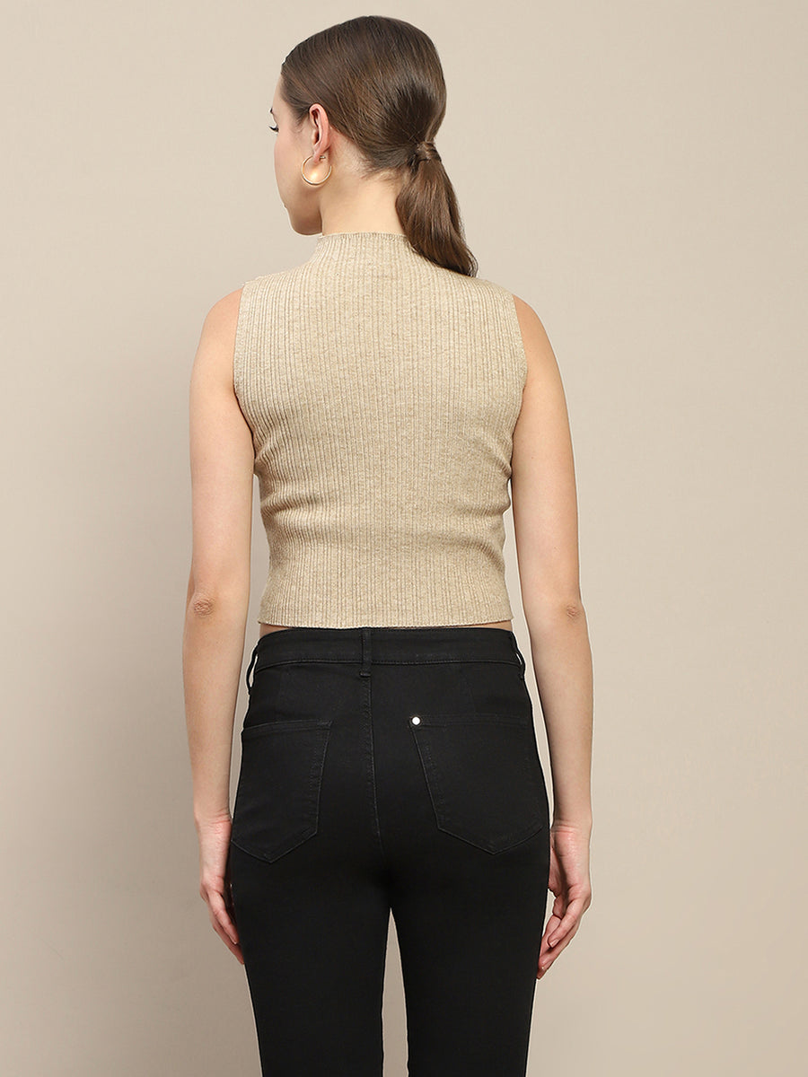 Madame Ribbed Mock Neck Camel Brown Sleeveless Sweater