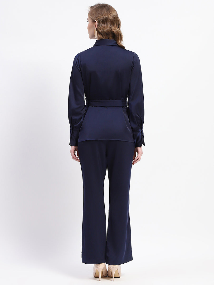 Madame Navy Belted Shirt and Wide-Leg Pants Co-ord Set