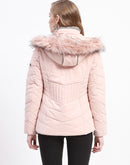 Madame Light Pink Faux Fur Hood Quilted Puffer Jacket