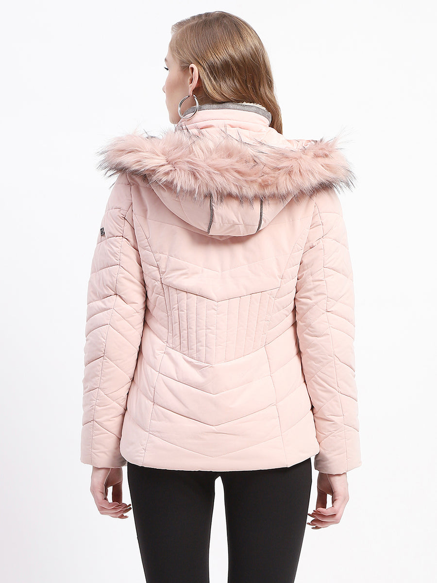 Madame Light Pink Faux Fur Hood Quilted Puffer Jacket