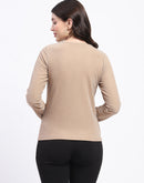 Madame Ring Detailed Embellished Asymmetrical Neck Solid Beige Top