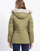 Madame Faux Fur Quilted Apple Green High Collar Puffer Jacket