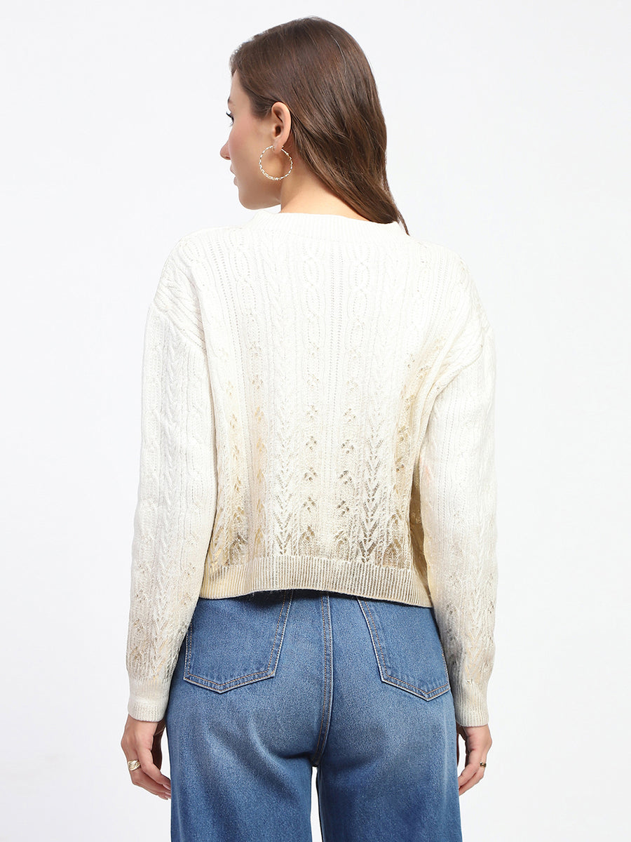 Madame Solid Off White Cable Knit Sweater