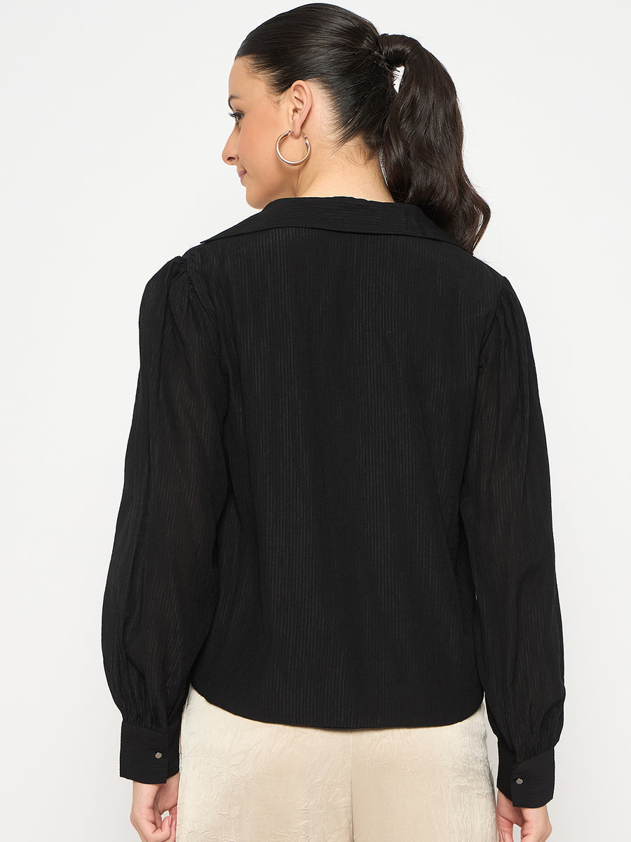 Madame Black Asymmetrical Hemline Rayon Blend Shirt