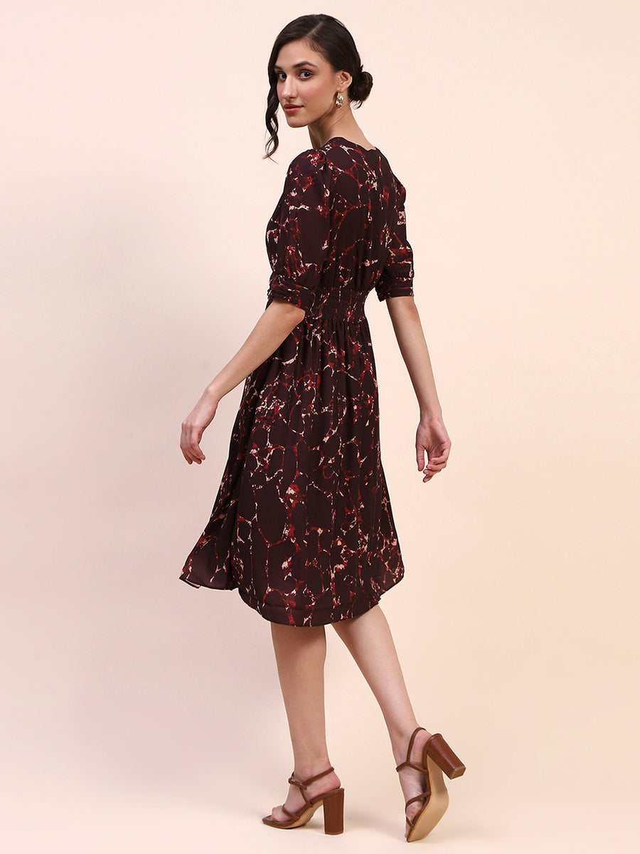 Camla Barcelona Abstract Print Cinched Waist Brown Mid Dress