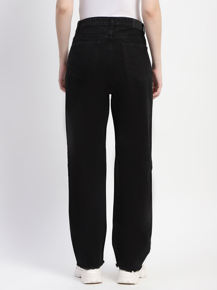 Madame Straight Fit Frayed Hem Solid Black Denim