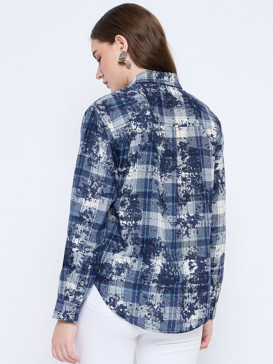 Madame Long Sleeve All Over Printed Shirt Collar Front Button Blue Shirt