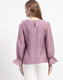 Madame 3D Flower Detailed Round Neck Solid Lilac Top