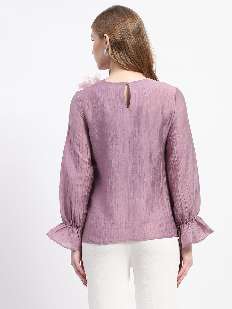 Madame 3D Flower Detailed Round Neck Solid Lilac Top