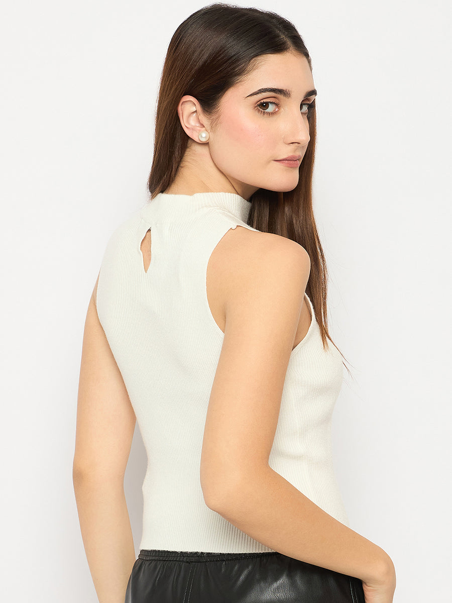 Madame Cutout Sleeveless Mock Neck Off White Sweater