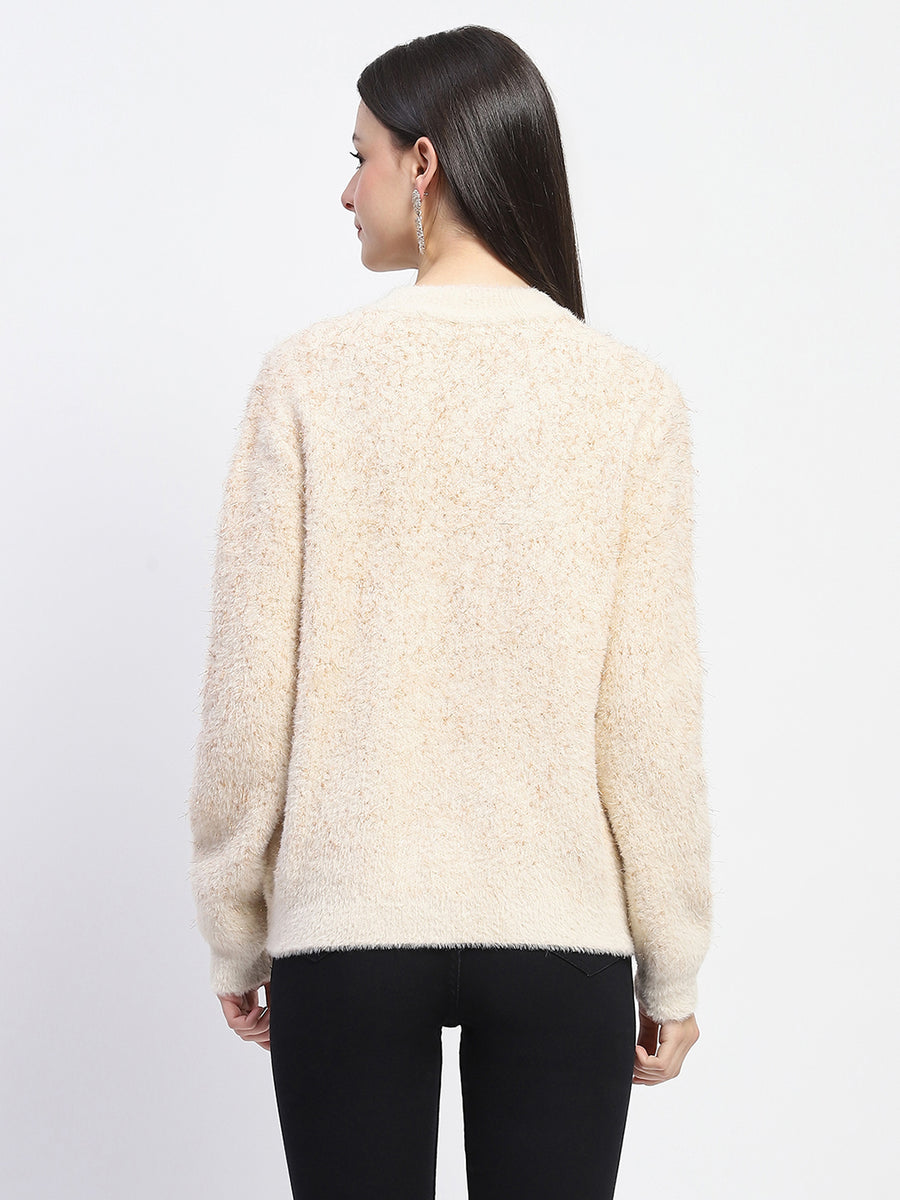 Madame Nylon Blend Full Sleeve Solid Beige Sweater