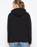 Madame Knitted Self-Textured Zipped Black Hooded Sweatshirt