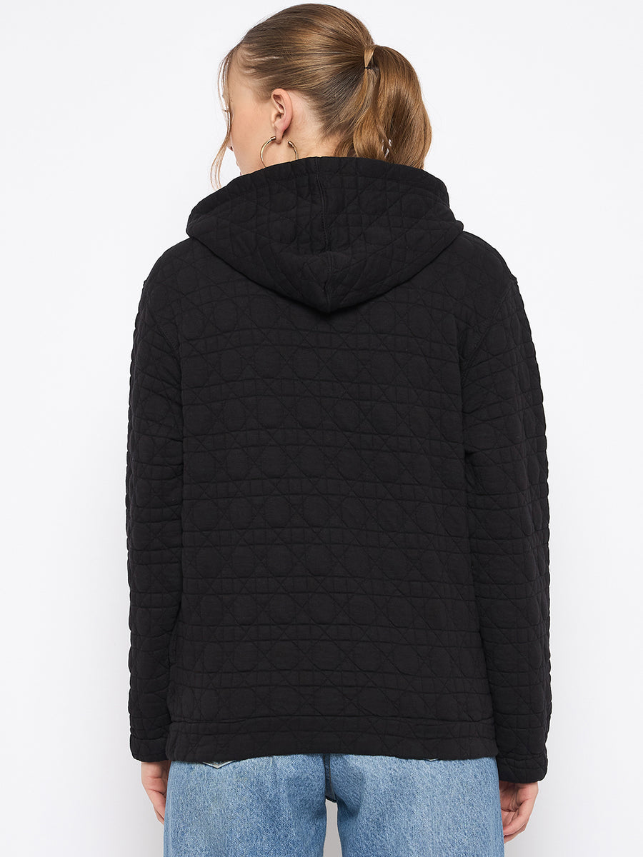 Madame Knitted Self-Textured Zipped Black Hooded Sweatshirt