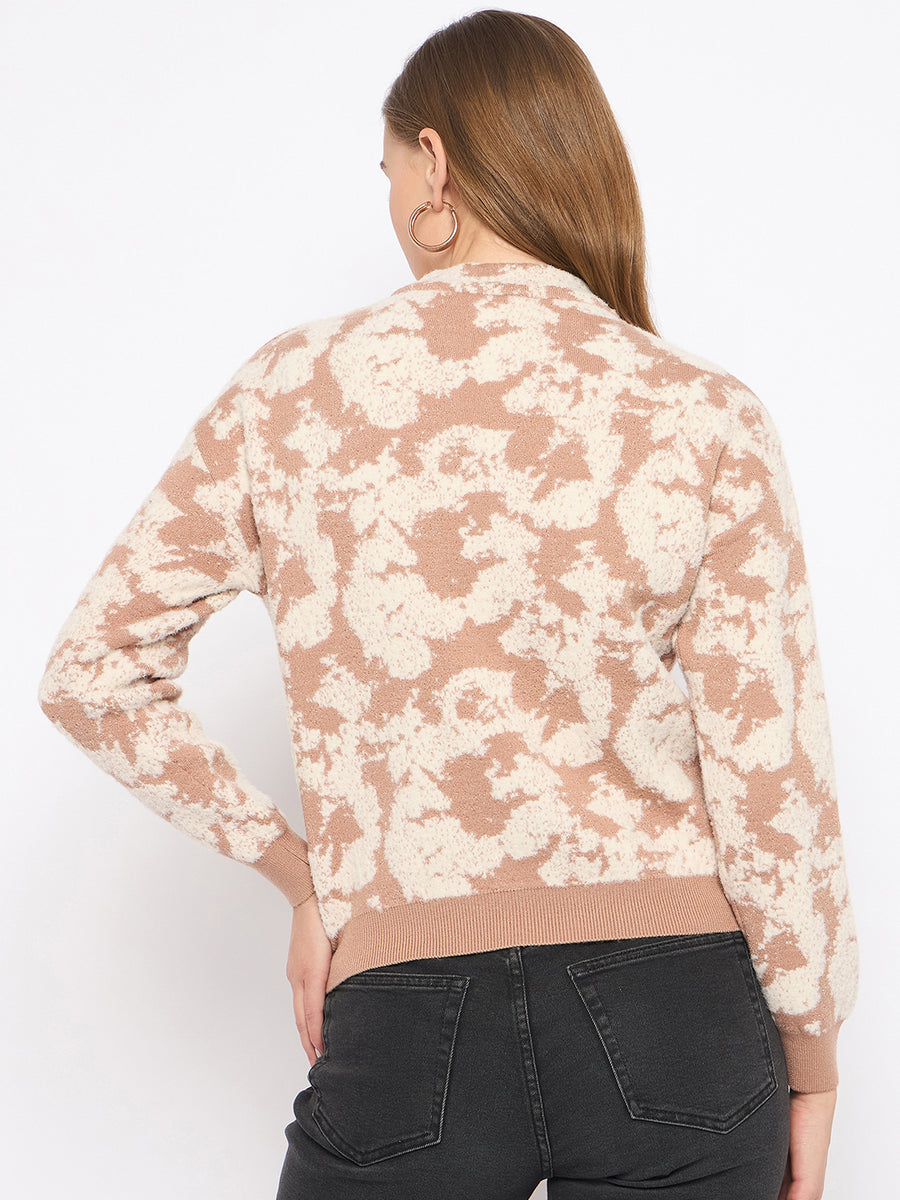 Madame Printed Crew Neck Beige Sweater