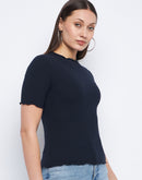 Madame Solid Navy Blue Lettuce Hem Top