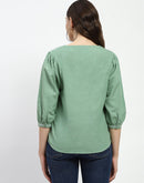 Madame Embroidered Cotton Blend Green Tunic Top