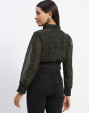 Madame Cinch Waist Marble Print Olive Crop Shirt