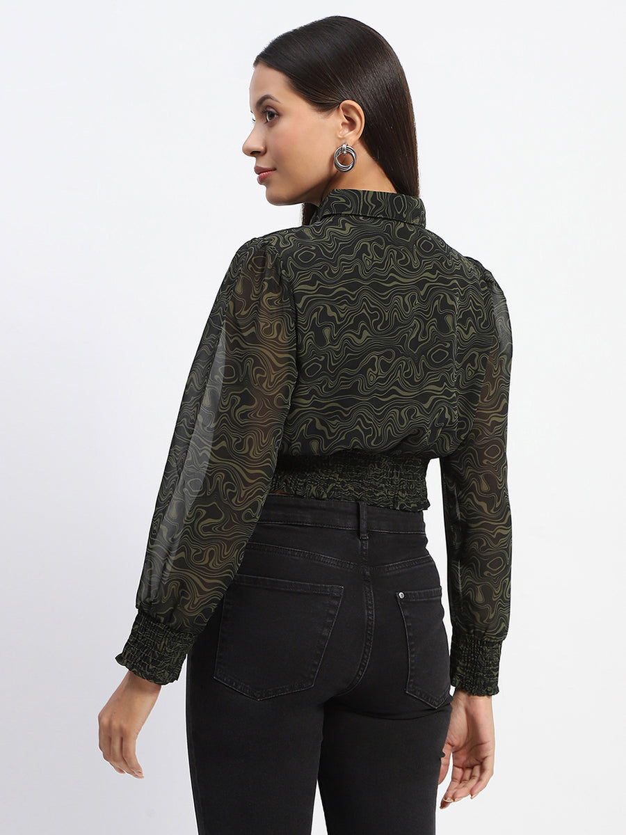 Madame Cinch Waist Marble Print Olive Crop Shirt