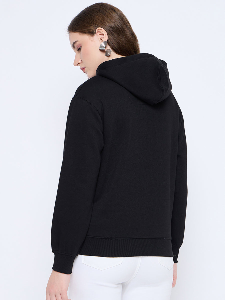 Madame Graphic Print Loose Fit Black Hooded Sweatshirt