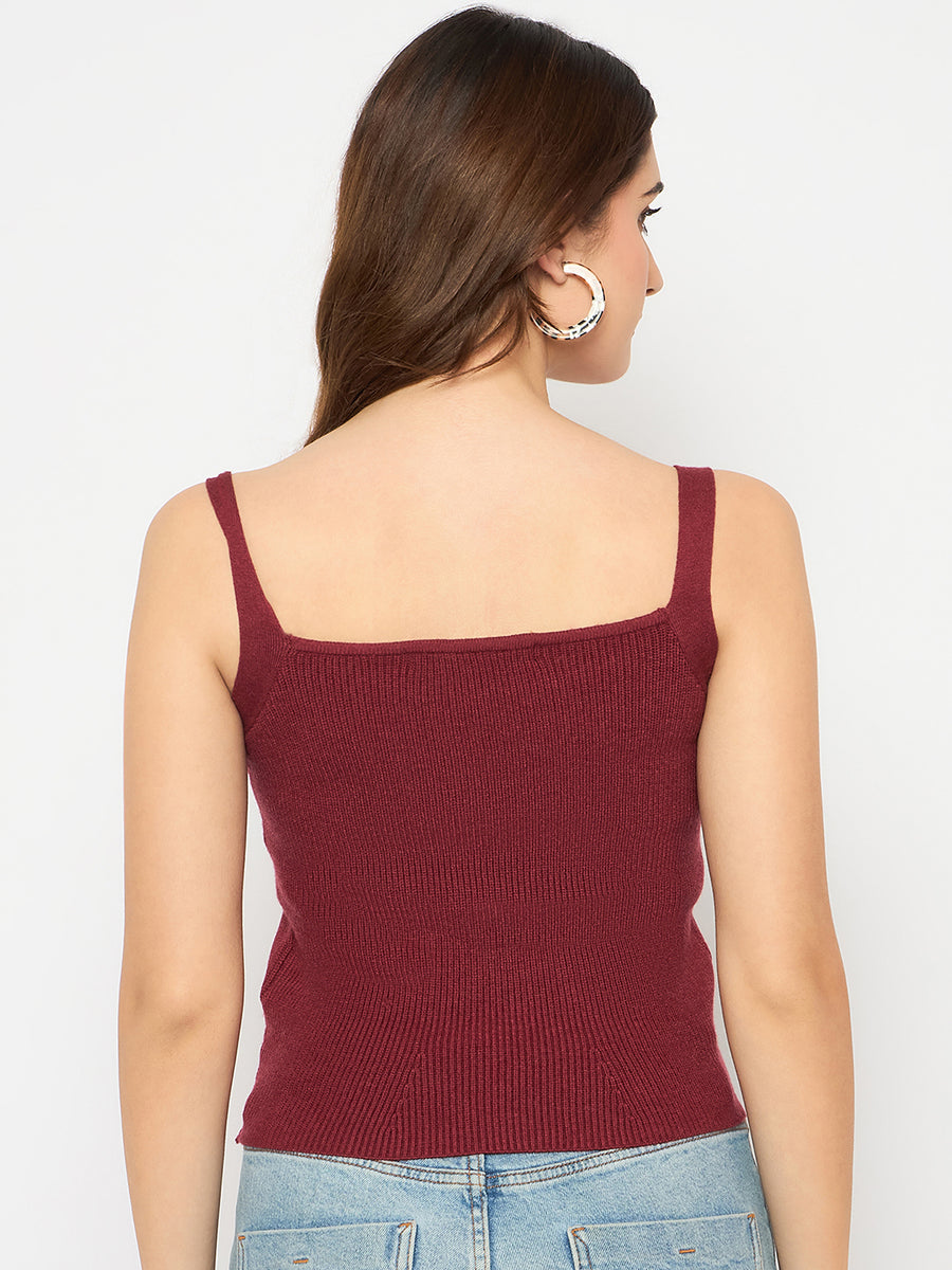 Madame Sleeveless Solid Wine Red Sweater